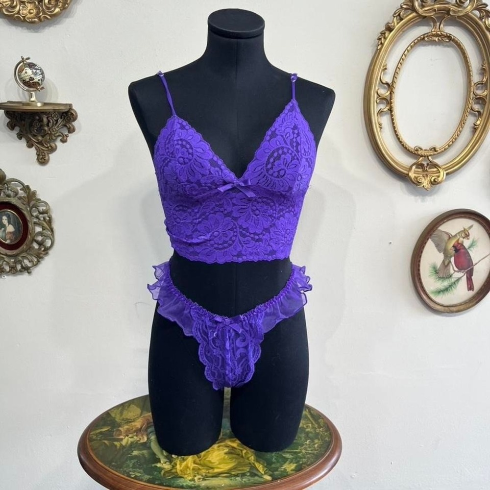 Escante Vintage Y2K Purple Floral Lace Ruffle Lingerie Set Small
